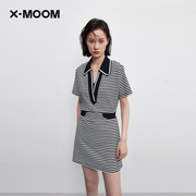 商场同款X--MOOM2023夏季POLO领深V领细条纹收腰连衣裙女