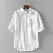 春季长袖圆领亚麻衬衫男休闲打底男士大码棉麻布修身型立领白衬衣