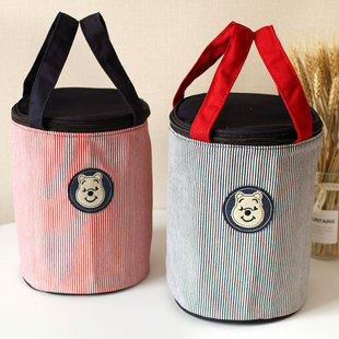 可爱条纹小熊圆桶形保温/保冷饭盒包便当包小拎包手提保温桶包
