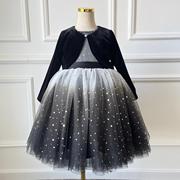 女童钢琴礼服秋冬黑色丝绒，外套表演黑白渐变星空，公主裙星星亮片裙
