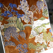 法式中国风刺绣窗帘布窄幅绒布，灰珊瑚色苏绣园林适合别墅超高窗