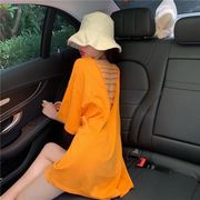 韩版时尚性感V领镂空露背t恤裙女夏宽松中长款短袖大码连衣裙