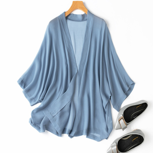 法式雾霾蓝和服风蝙蝠袖桑蚕丝，真丝遮阳衫防晒衣，空调衫开衫外套女