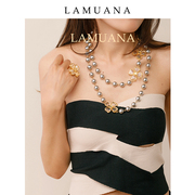 lamuana四叶草珍珠项链长款优雅中古风格，法式颈链琉璃珍珠44343