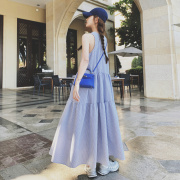 蓝色条纹连衣裙女夏季法式初恋桔梗无袖，休闲宽松到脚踝长裙子