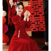 新中式敬酒服新娘孕妇秋冬订婚礼服，女红色旗袍大码胖mm回门连衣裙