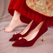 红色婚鞋秀禾服新娘，鞋女细高跟2023春大东孕妇低跟中式礼服鞋