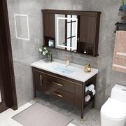 现代新中式岩板浴室柜一体，陶瓷盆组合卫生间，实木落地洗手洗脸