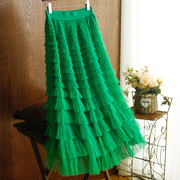 绿色蛋糕裙纱裙半身裙女春季设计感小众高腰a字裙蕾丝网纱蓬蓬裙