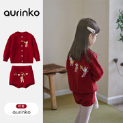 女童毛衣针织衫女宝宝开衫外套红色外套春秋款小女孩洋气韩版衣服
