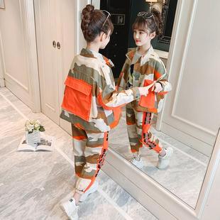 女童工装套装春秋季2022中大童韩版时髦小女孩迷彩休闲两件套
