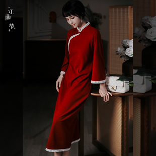 江南范大红色改良版旗袍裙复古年轻款结婚订婚敬酒服秋天新中式