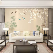 新中式水墨山水墙布电视背景壁画5D定制影视墙纸花鸟投影装饰壁纸