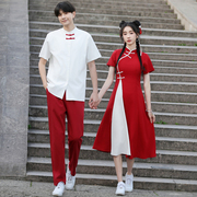 国风大码男式短袖唐装改良旗袍礼服裙红色套装新中式学生礼仪班服