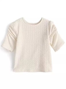 C08097日单客供料优雅圆领套头显瘦女纯色有弹性褶皱短袖T恤