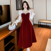 订婚宴酒红色长裙女春秋高级感平时可穿纱袖连衣裙出阁宴晚礼服裙