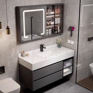轻奢现代灰色岩板陶瓷盆卫浴室柜组合洗手台盆柜卫生间洗脸洗漱台