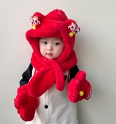 新年红色婴儿醒狮帽子围巾手套，一体套装秋冬季喜庆儿童宝宝针织帽