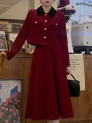 大码女装小香风两件套装裙女秋冬装红色，搭配一整套连衣裙