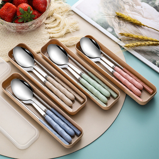 筷子勺子套餐便携餐具，三件套不锈钢叉子，食品级单人学生专用收纳盒
