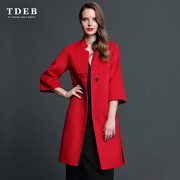 双面羊绒大衣冬季女装中长款中国风盘扣大红色七分袖立领毛呢外套