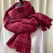 潮牌樱桃红保暖羊绒围巾，女冬季编织格，复古长款两用披肩加厚百搭