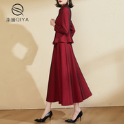 酒红色长袖套装女2023秋季气质高端短外套时尚半身裙子两件套