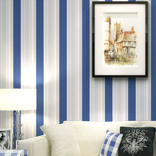 地中海风格无纺布墙纸简约现代卧室，客厅电视背景墙蓝色竖条纹壁纸