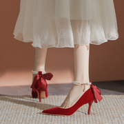 红色高跟鞋婚鞋新娘鞋女中式秀禾服结婚鞋细跟蝴蝶结不累脚单鞋