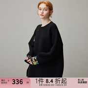 dfvc新中式国风黑色圆领卫衣女，春季2024刺绣盘扣宽松短款上衣