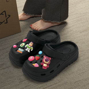 草莓熊洞洞(熊洞洞)鞋女款2024夏季外穿孕妇防滑拖鞋沙滩黑色包头凉鞋
