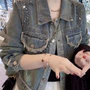 潮牌重工做旧钉珠毛边牛仔外套女2025年春夏新款复古港风短款上衣