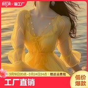 大码黄色雪纺连衣裙，女夏2024沙滩裙女海边度假超仙法式长裙子