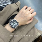日本 CASIO卡西欧复古大表盘 男女生多功能运动防水钢带方形手表