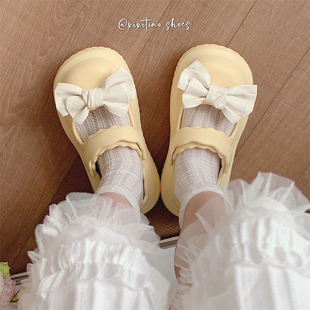 细细条 日系奶黄色可爱蝴蝶结凉鞋女夏季学生外穿甜美两穿凉拖鞋
