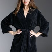 跨境货源天鹅绒睡袍女式长袖精致纯棉浴袍柔软黑色性感睡袍短款