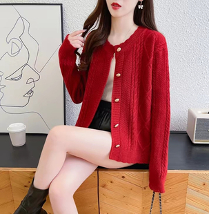 红色女毛衣外套针织衫，春秋装2024年韩版宽松洋气开衫外穿