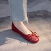 红色单鞋女浅口真皮芭蕾舞鞋瓢鞋平底法式小红鞋豆豆鞋奶奶鞋婚鞋