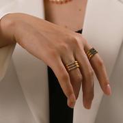欧美网红同款钛钢戒指时尚女性百搭三层不锈钢镶钻复古宝石戒指