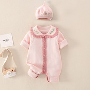婴儿衣服春秋连体毛衣女，宝宝满月公主服可爱粉色网红爬服套装纯棉