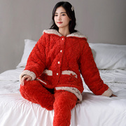 多拉美睡衣冬季女珊瑚绒三层夹棉加绒法兰绒红色本命年外穿家居服