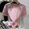 夏季2024新中式国风镂空粉色纯棉短袖T恤女设计感小众上衣潮
