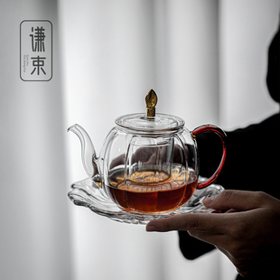 谦束高硼硅玻璃南瓜茶壶创意花瓣壶承茶水分离泡茶壶日式简约单壶