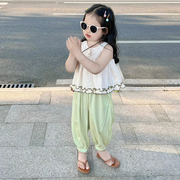 韩国童装女童t恤2024夏季洋气无袖木耳边娃娃衫儿童白色上衣
