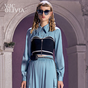 vjcolivia2023春夏短款上衣，蓝色假两件拼接长袖，雪纺衫女装