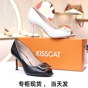 接吻猫kisscat圆跟女鞋黑色，细高跟鱼嘴羊皮女单鞋ka32108-12