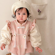 点兮婴儿冬装连体衣女宝宝中国风，周岁新年礼服假两件甜美加绒爬服