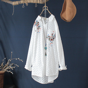 衬衣女设计感小众刺绣长袖休闲中长款白色夏复古春秋民族风衬衫