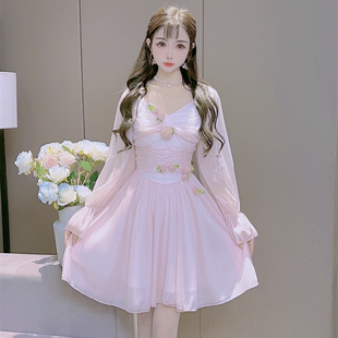 公主家6603春装花仙子甜美连衣裙修身仙女裙设计感收腰度假长裙