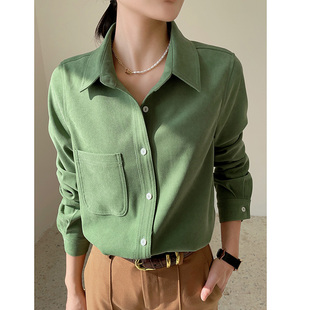 绿色衬衫女早春2024高级感长袖衬衣小个子叠穿休闲春装上衣